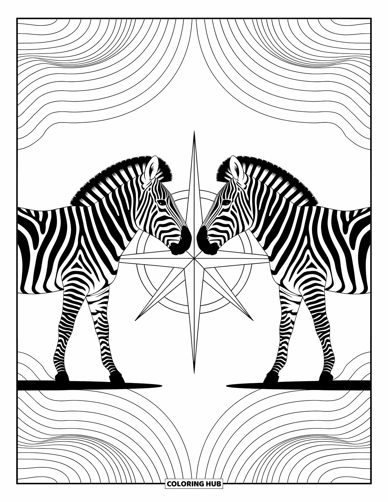 Zebra Coloring Page for Adults: Zebras mirror each other around a central compass with swirling, decorative background