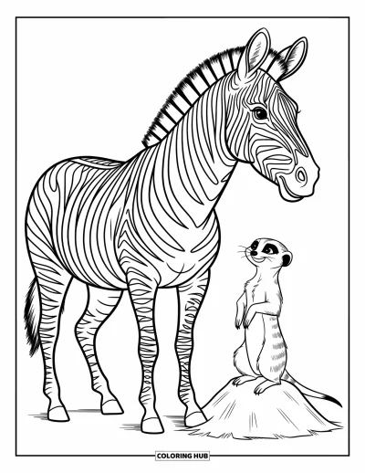 Zebramålarbild för barn: En zebra och en surikat delar ett lekfullt ögonblick bredvid en liten kulle