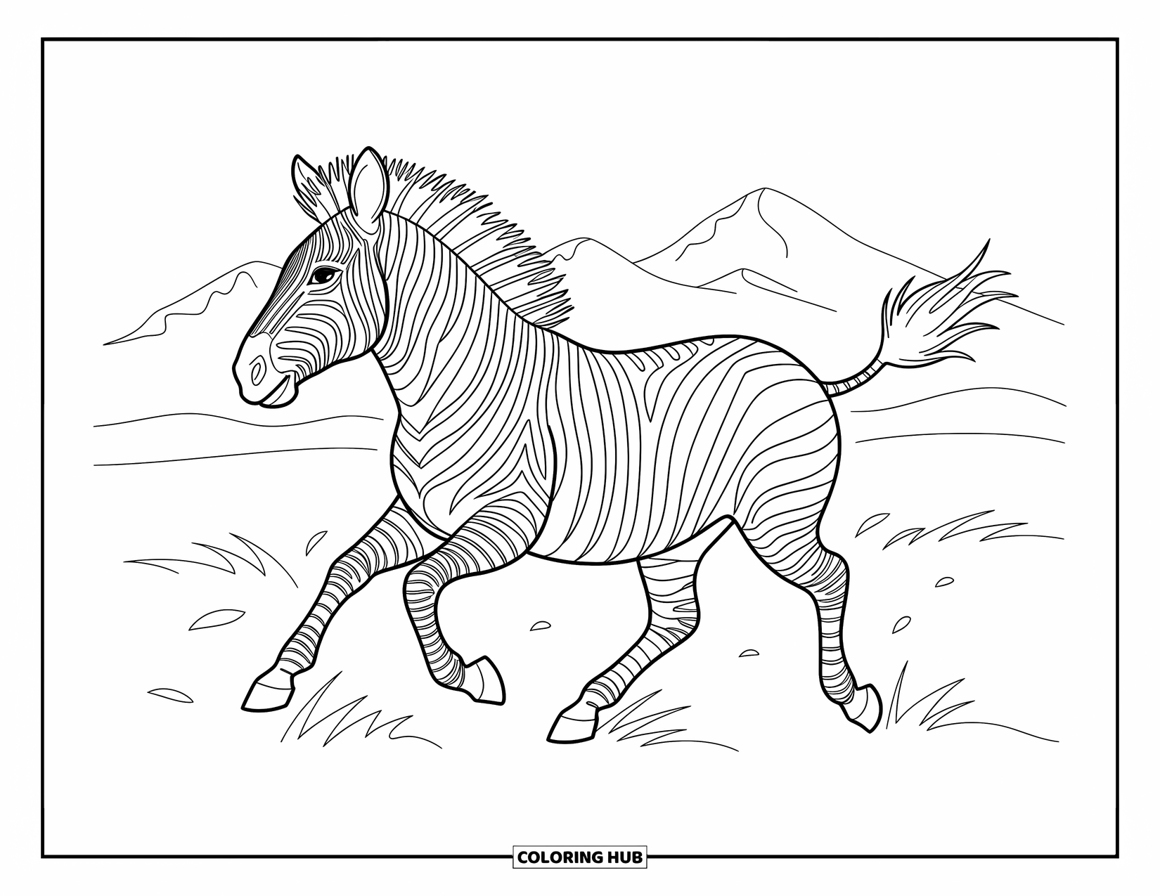 Zebra Coloring Page for Kids: A zebra gallops freely as its mane dances in the breeze