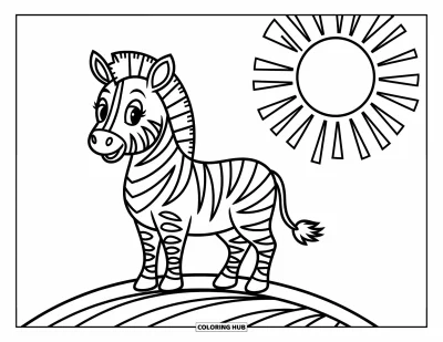 Zebramålarbild för barn: En zebra på en kulle njuter av solsken och mild bris