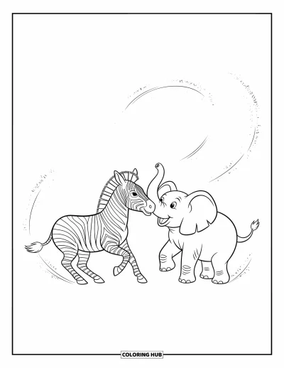 Zebramålarbild för barn: En elefant sträcker sig mot en zebra under ett lekfullt spel i det öppna