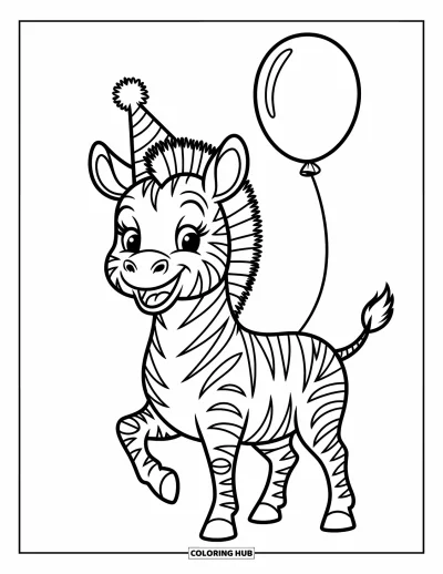Zebramålarbild för barn: Glad zebra med festmössa och ballong står redo att fira
