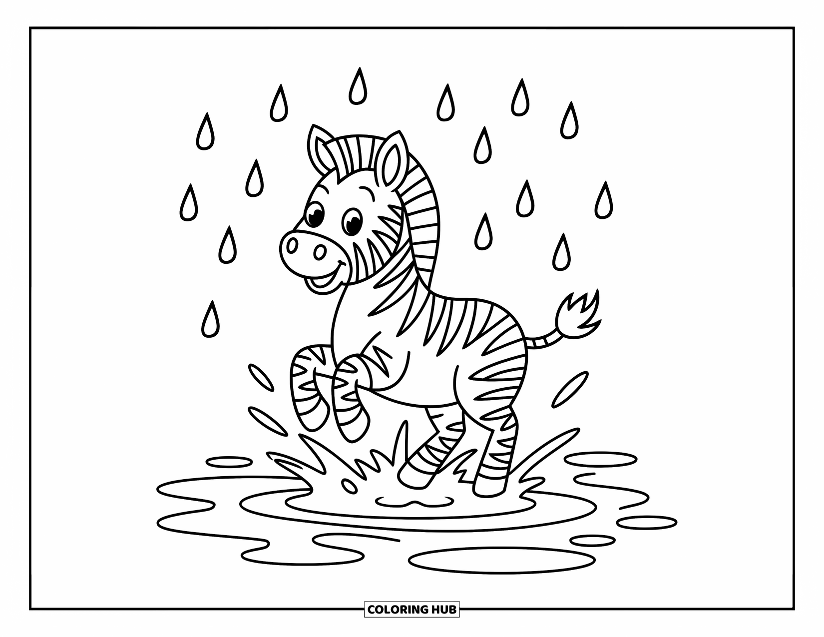 Zebra Coloring Page for Kids: Joyful zebra hops in a puddle as raindrops dance in the air