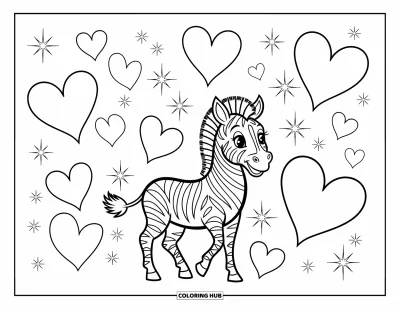 Zebramålarbild för barn: Lekfull zebra omgiven av stora hjärtan och glittrande stjärnor