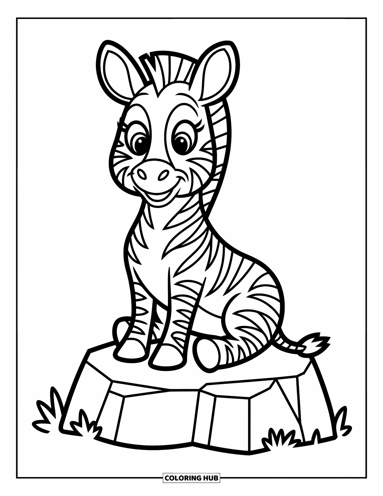 Zebra Coloring Page for Kids: Quiet zebra sits peacefully on a rock, full of charm