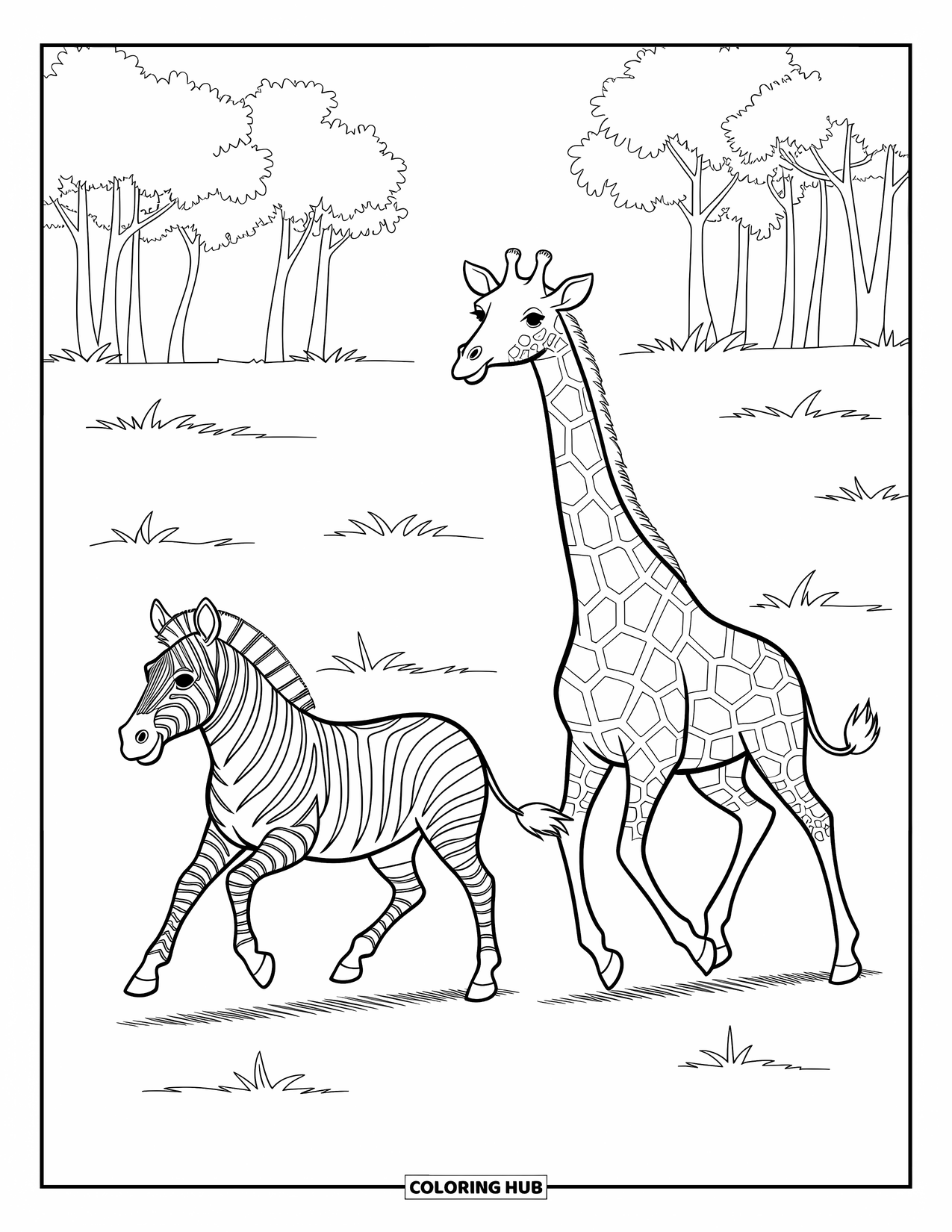 Zebra Coloring Page for Kids: Two friends-a zebra and a giraffe-run joyfully through a sunny grassy field
