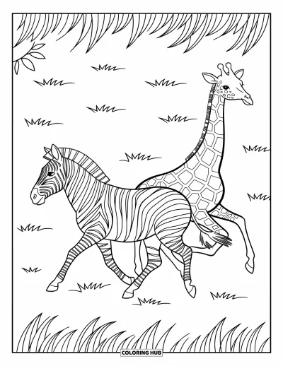 Zebramålarbild för barn: Zebra och giraff rusar sida vid sida omgivna av spridda träd och öppet landskap