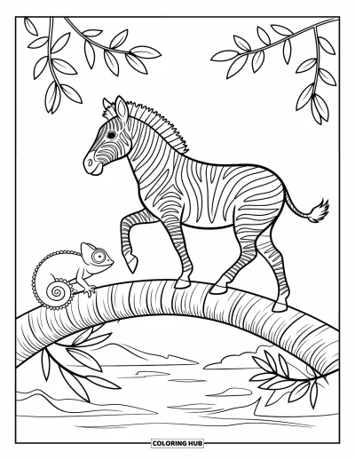 Zebramålarbild för barn: Zebra korsar en stockbro medan en nyfiken kameleont tittar på