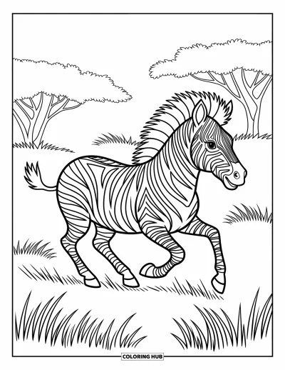 Zebramålarbild för barn: Zebra rusar genom högt gräs med mannen flöjande i vinden