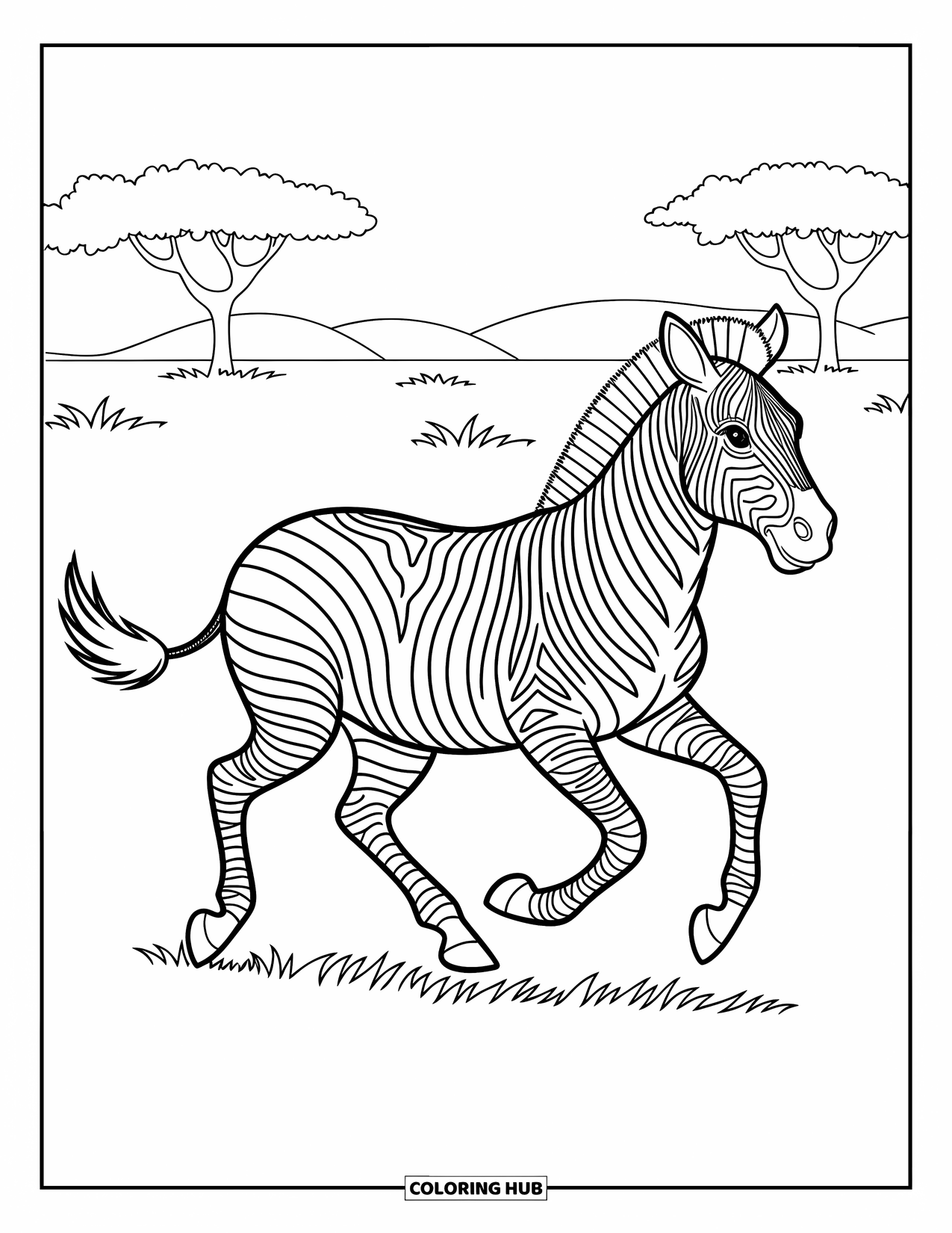 Zebra Coloring Page for Kids: Zebra gallops through the savanna, mane flying and trees in the distance