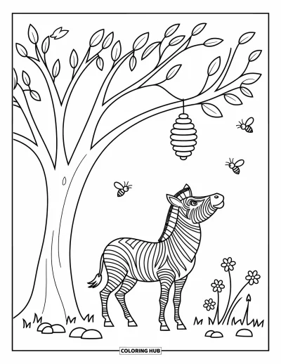 Zebramålarbild för barn: Zebra betraktar ett bikupa ovanför, omgiven av blommor, löv och surrande insekter