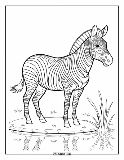 Zebramålarbild för barn: Zebra betraktar en damm omgiven av mjuka vågor och stilla löv