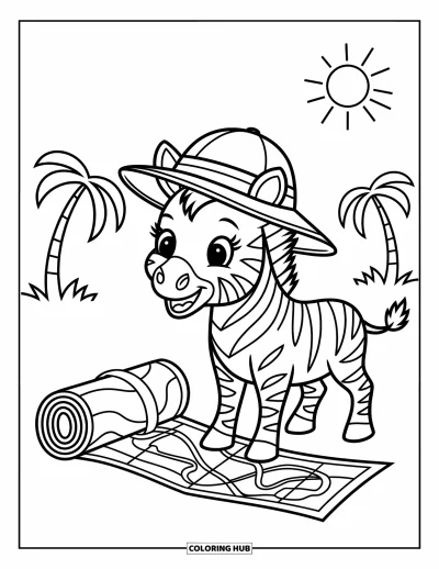 Zebramålarbild för barn: Zebra i safarihatt ler bredvid en skattekarta full av slingor och ledtrådar