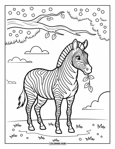 Zebramålarbild för barn: Zebra nafsar löv under ett träd med mjuka moln på himlen