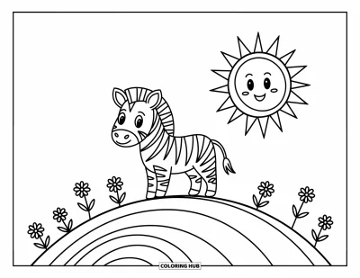Zebramålarbild för barn: Zebra leker på en kulle under en leende sol och mjuka moln