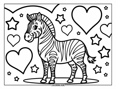 Zebramålarbild för barn: Zebra ler i ett fält av stjärnor och hjärtan, redo för lek