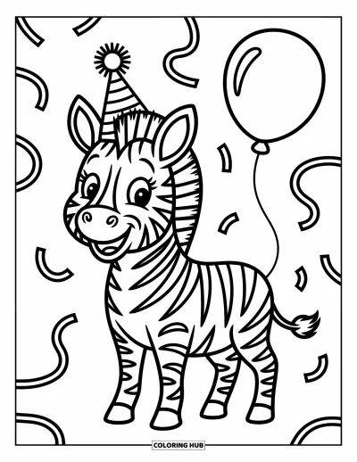 Zebramålarbild för barn: Zebra ler i en festmössa och håller i en ballong med glädje