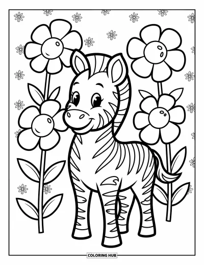 Zebramålarbild för barn: Zebra ler mjukt medan stora blommor blommar runt om