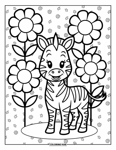 Zebramålarbild för barn: Zebra ler charmigt med fyra stora blommor i full blom i närheten
