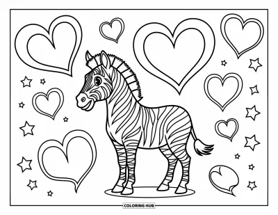 Zebramålarbild för barn: Zebra står lyckligt bland hjärtan och stjärnor i en munter, lekfull scen