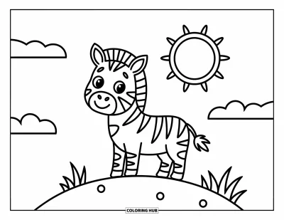 Zebramålarbild för barn: Zebra står på en solig kulle och ler under en stor vänlig sol