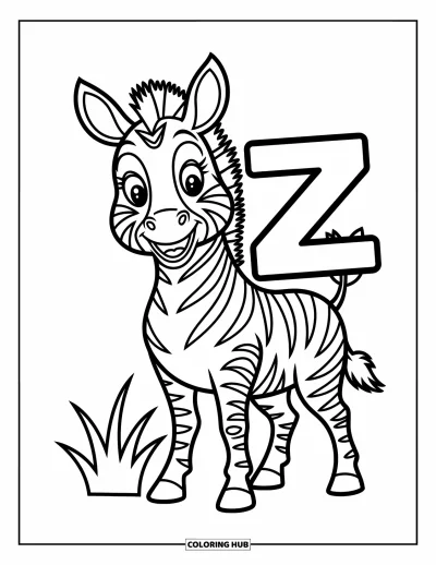 Zebramålarbild för barn: Zebra står stolt och håller en stor bokstaven Z nära ett grästufs