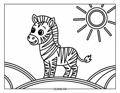 Zebramålarbild för barn: Zebra står stolt på en kulle medan solen skiner ovan