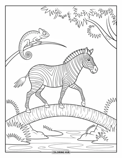 Zebramålarbild för barn: Zebra går försiktigt över en bro medan en kameleont tittar fram bakom ett löv