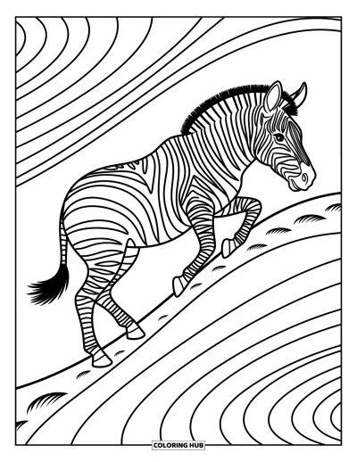 Zebramålarbild för barn: Zebra klättrar uppför en kulle och lämnar hovavtryck längs sin tysta väg
