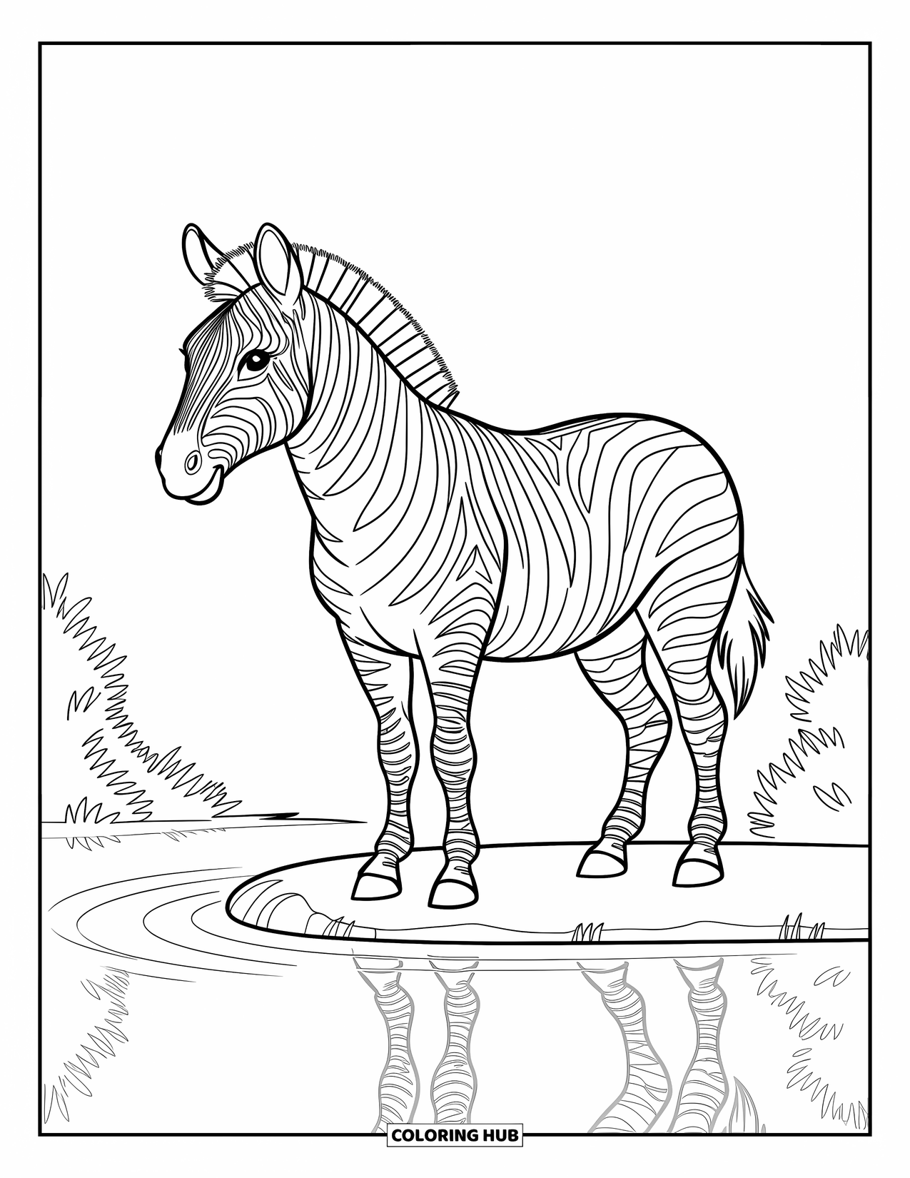 Zebra Coloring Page for Kids: Zebra walks by a calm pond, its reflection shimmering on the water