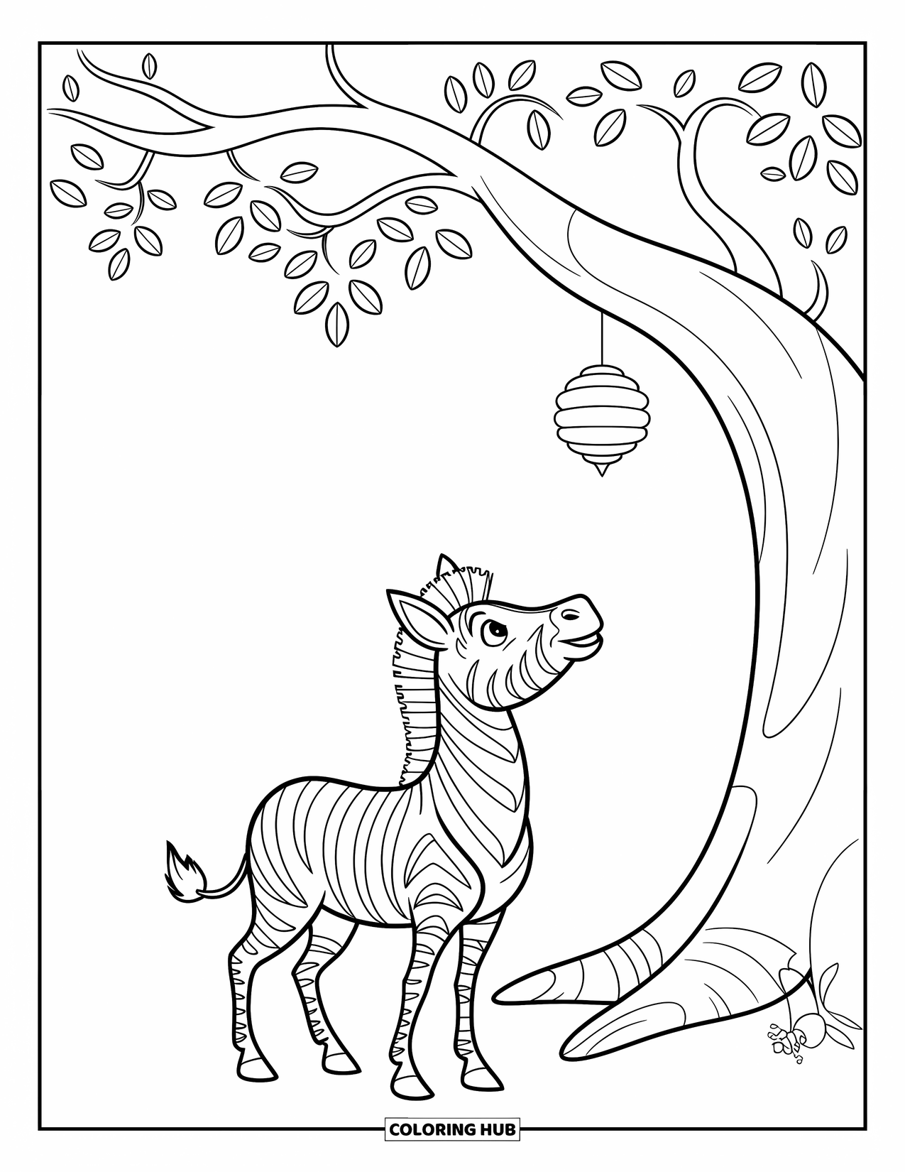 Zebra Coloring Page for Kids: Zebra watches a beehive dangle from high branches full of leaves and twigs