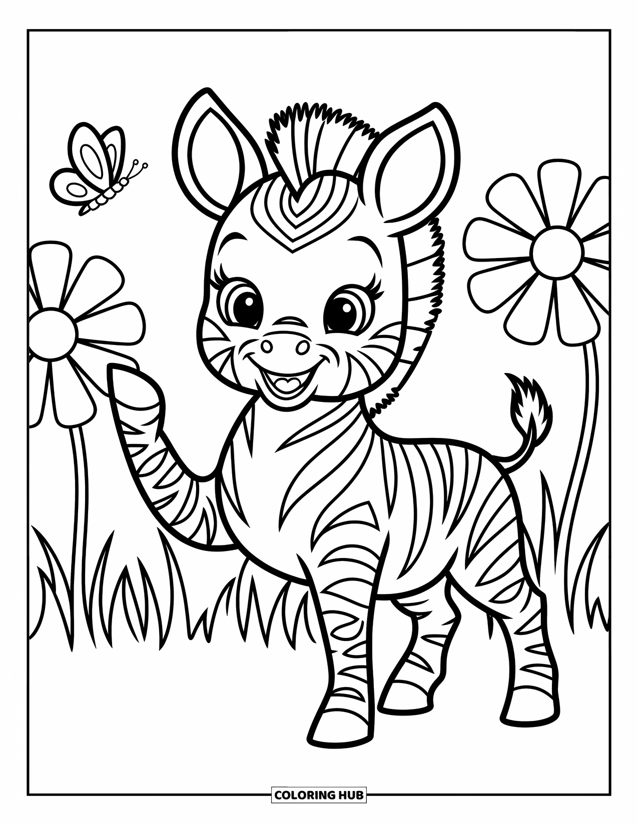 Zebra Coloring Page for Kids: Zebra waves happily as a butterfly flutters nearby