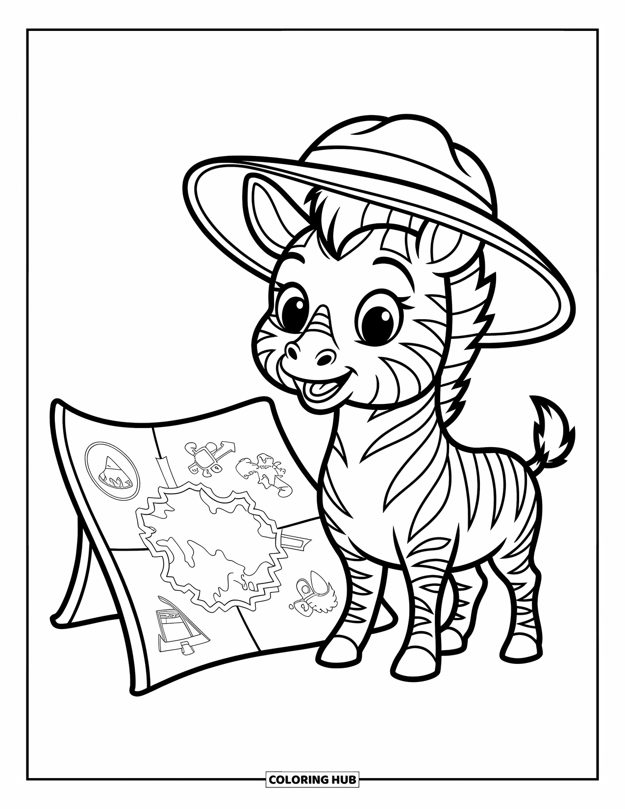 Zebra Coloring Page for Kids: Zebra wears an explorer hat and stands proudly next to a treasure map