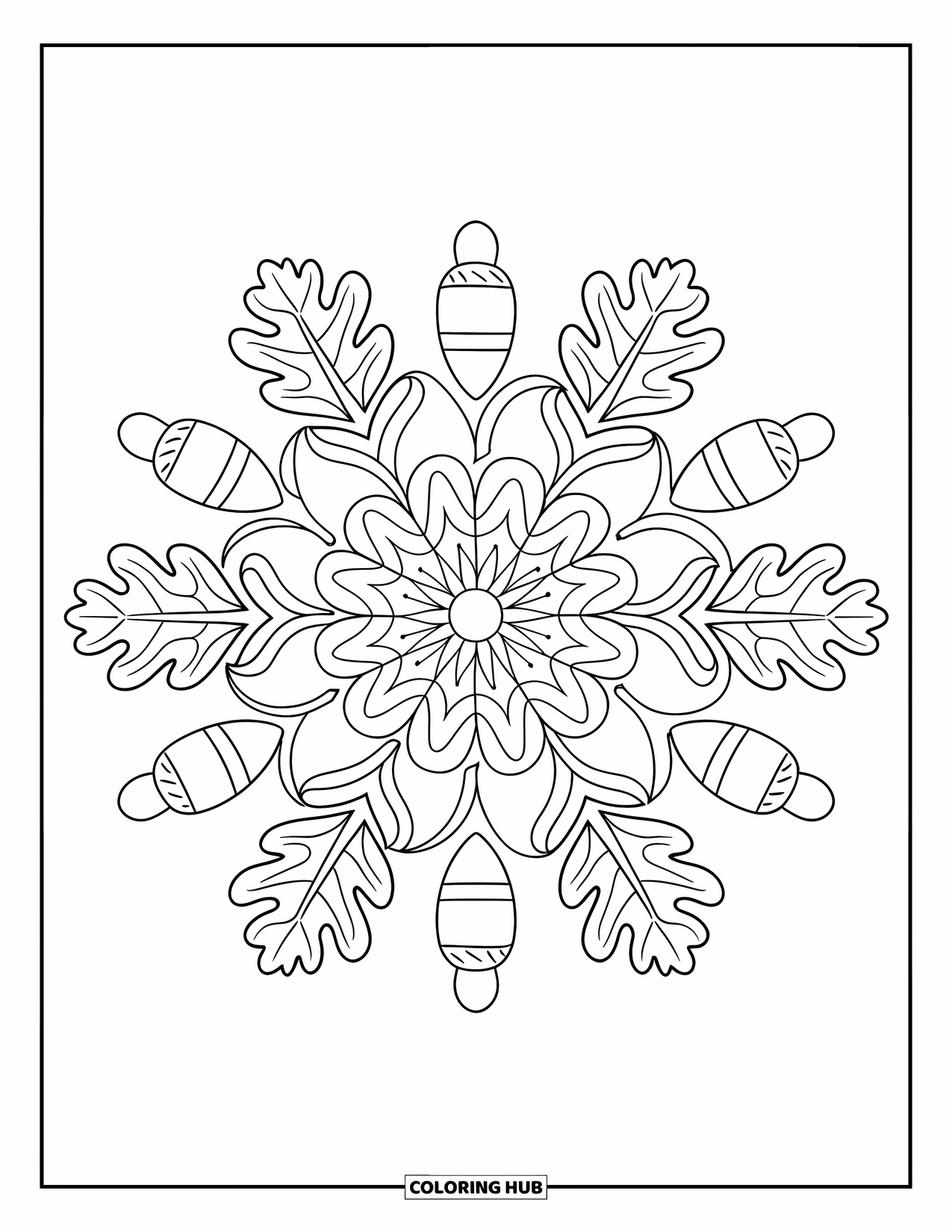 Acorn Coloring Page for Adults: A circular mandala features elegant acorns and oak leaves in a soothing pattern
