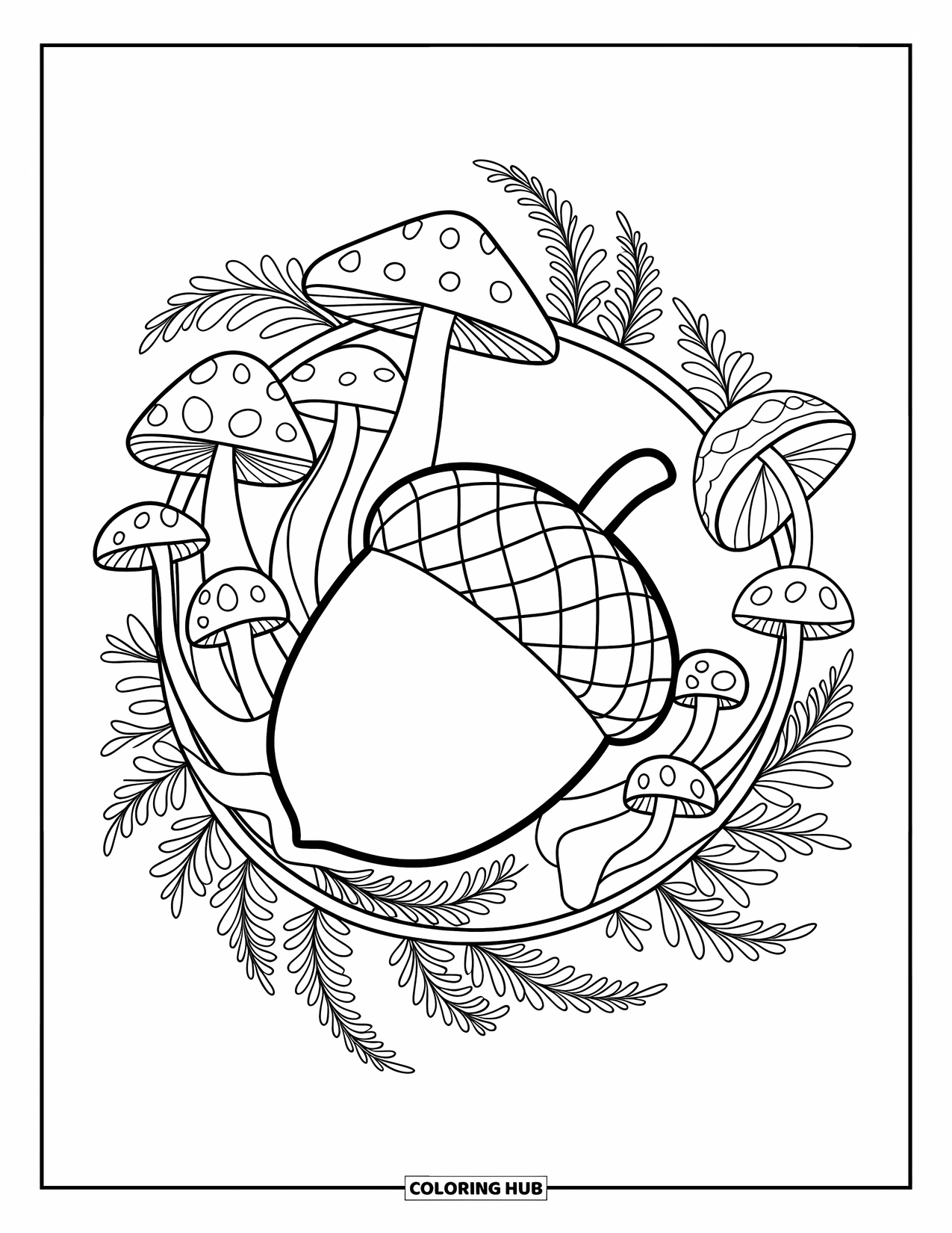 Acorn Coloring Page for Adults: A cozy acorn rests in a wreath of mushrooms and feathery fern fronds