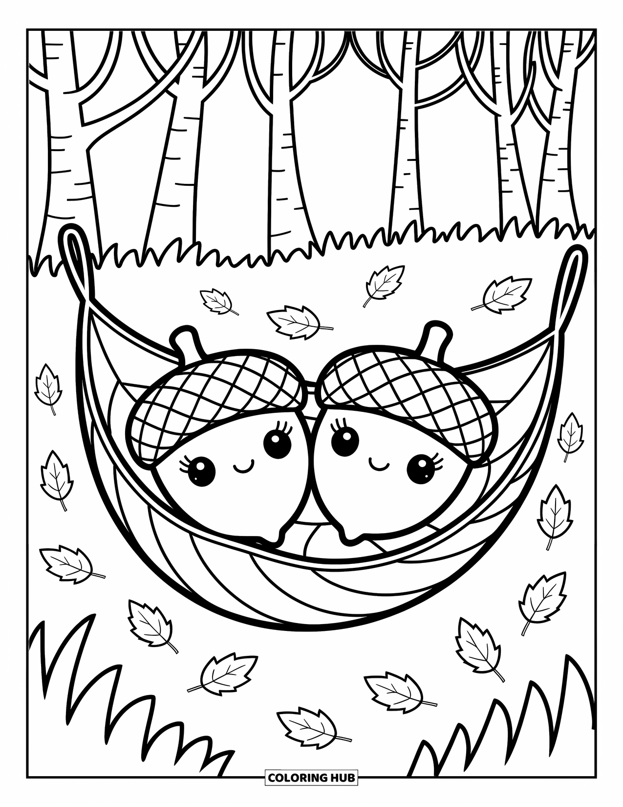 Acorn Coloring Page for Adults: A cozy pair of acorns lounge in a leafy hammock in a gentle forest breeze