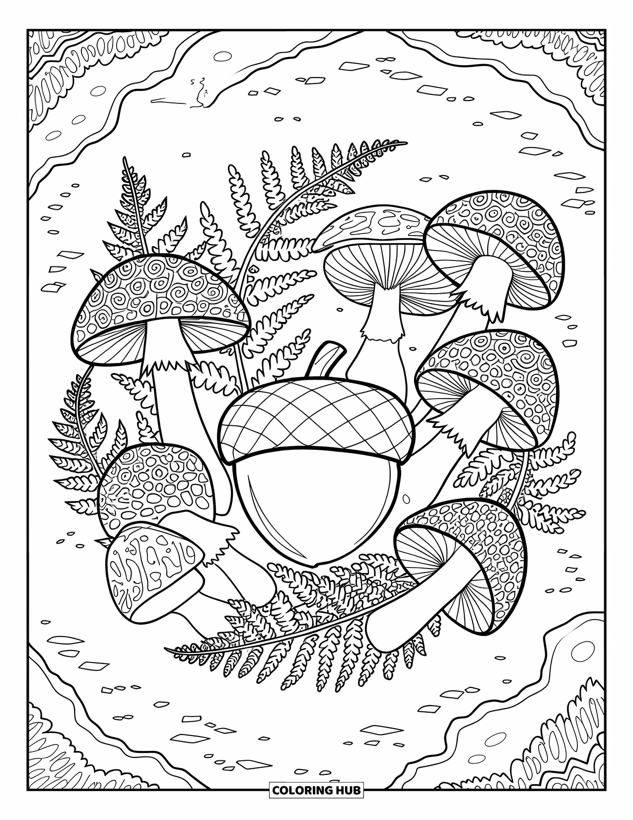 Acorn Coloring Page for Adults: A detailed acorn is framed by mushrooms and ferns on a forest floor