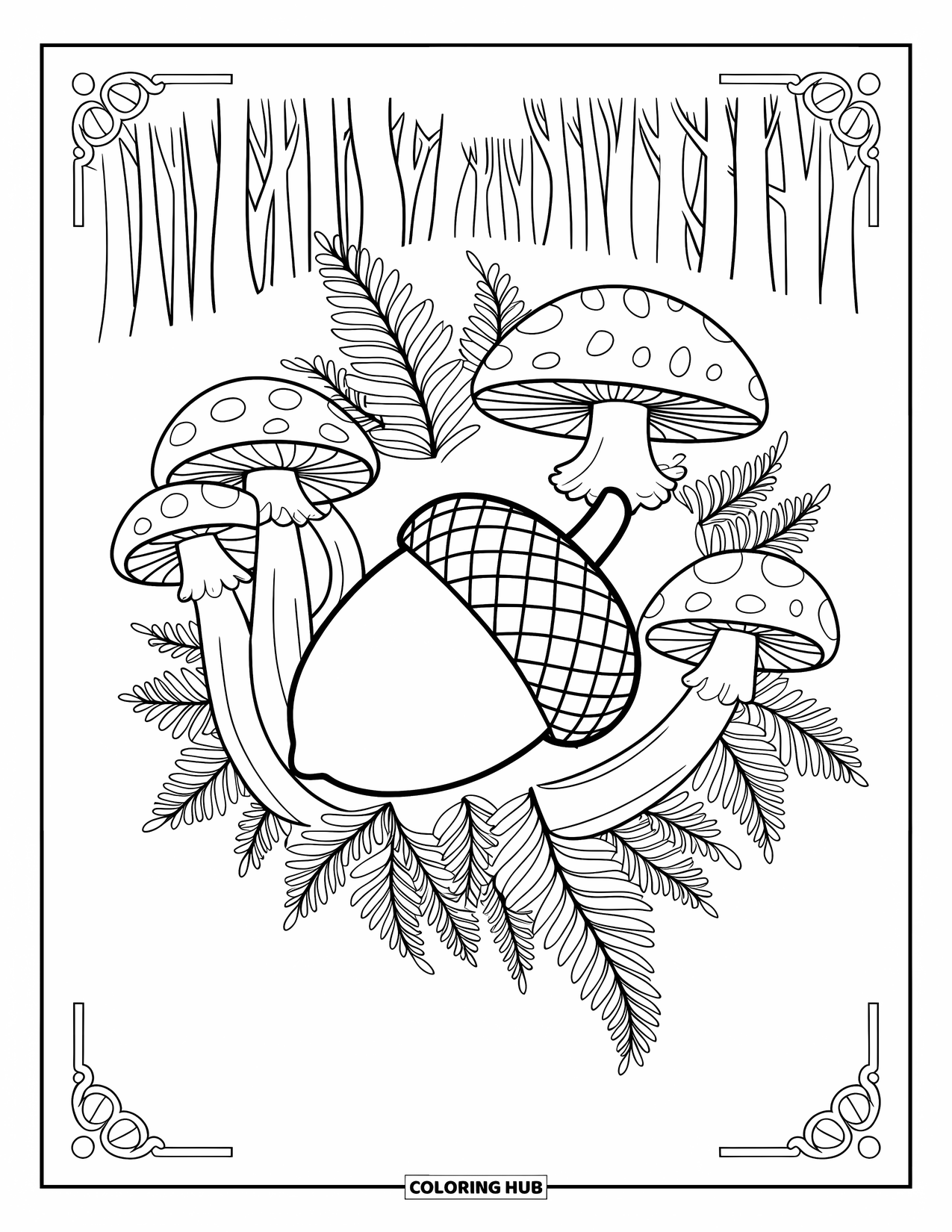 Acorn Coloring Page for Adults: A detailed acorn sits in a circle of patterned mushrooms and forest ferns