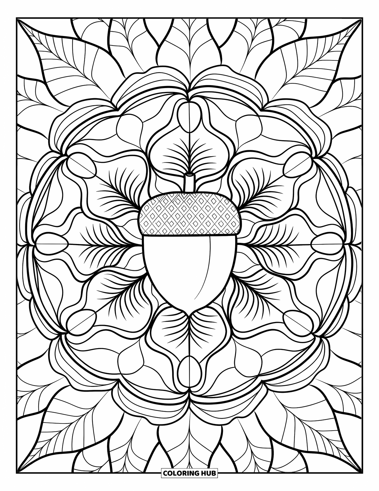 Acorn Coloring Page for Adults: A full-page mandala of leaves and flowers surrounds a single acorn in the center
