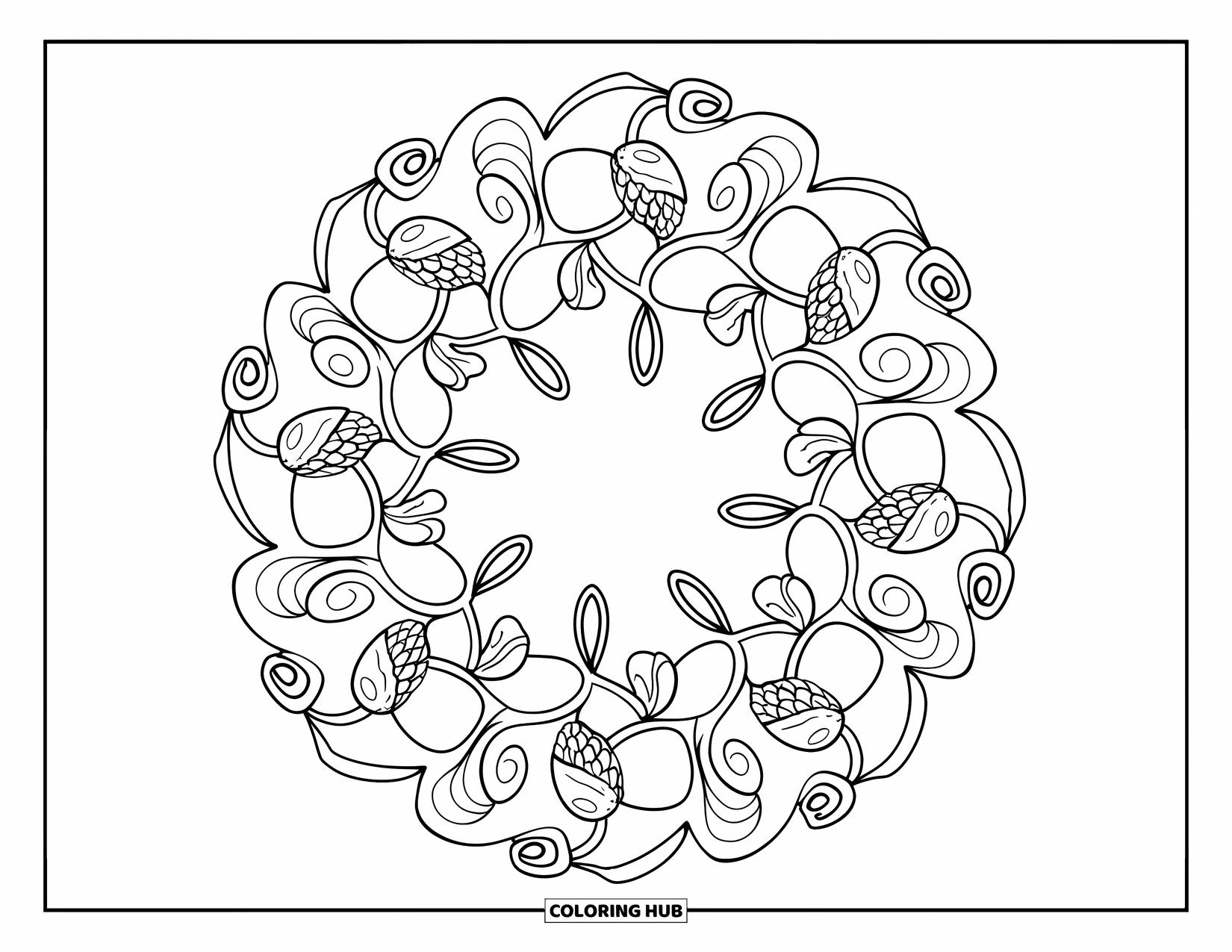 Acorn Coloring Page for Adults: A mandala of acorns and curls forms a relaxing forest-inspired circular pattern