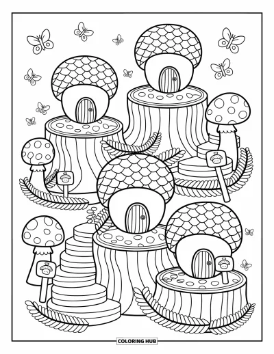 Coloriage de gland pour adultes : Un petit village de maisons en glands reliées par des chemins de feuilles et des touches forestières joyeuses