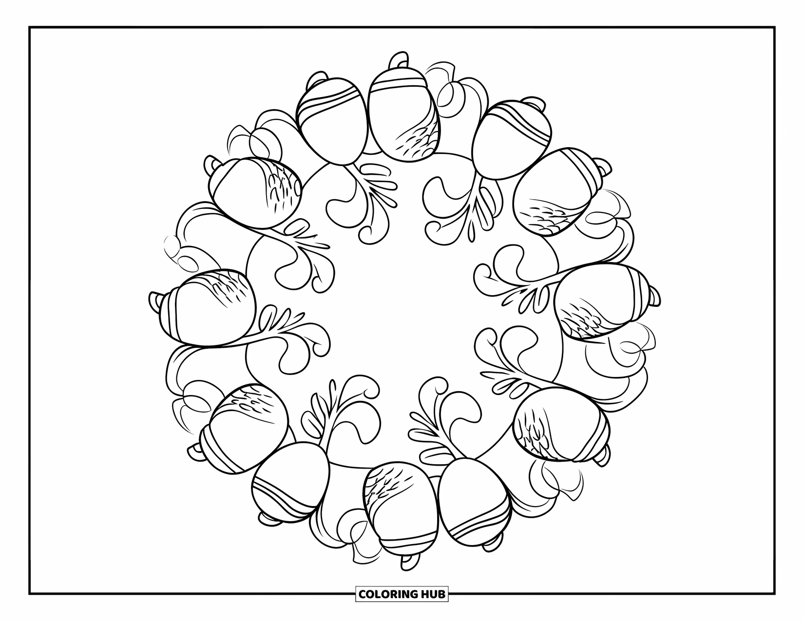 Acorn Coloring Page for Adults: A wreath of acorns and curls forms a circular mandala full of forest charm