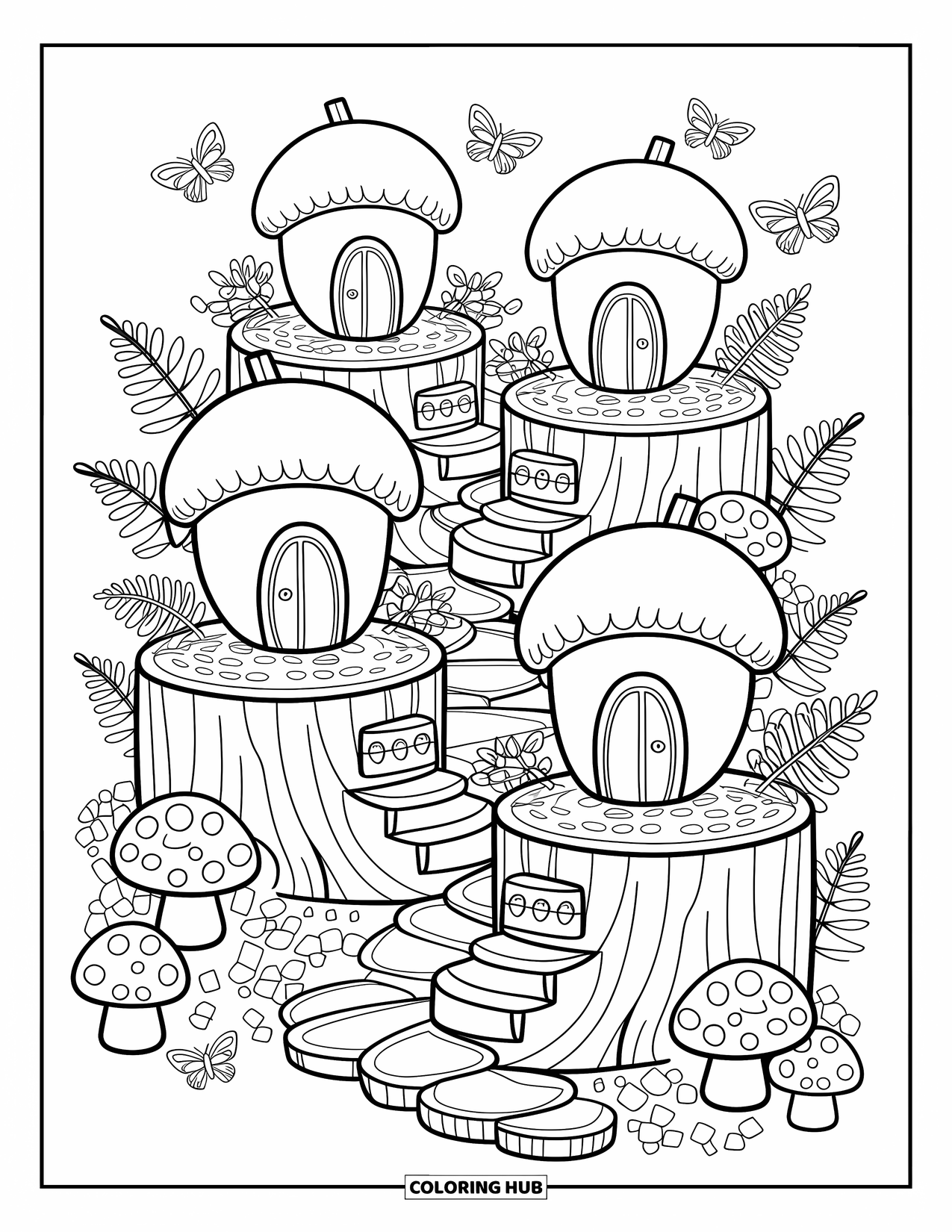 Acorn Coloring Page for Adults: Acorn houses sit on stumps with leaf stairs and signs, surrounded by mushrooms and ferns
