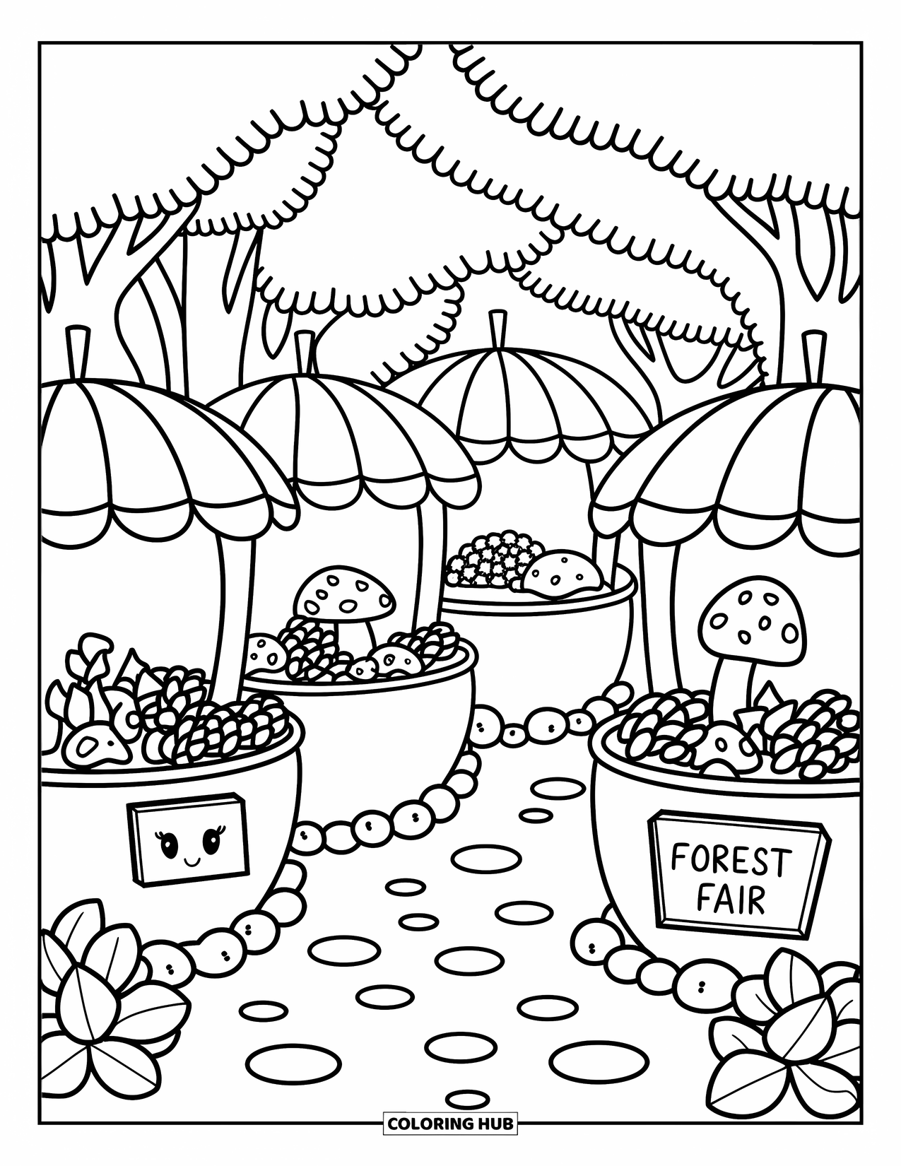 Acorn Coloring Page for Adults: Acorn-topped market stalls line a cozy trail in the woods for the Forest Fair