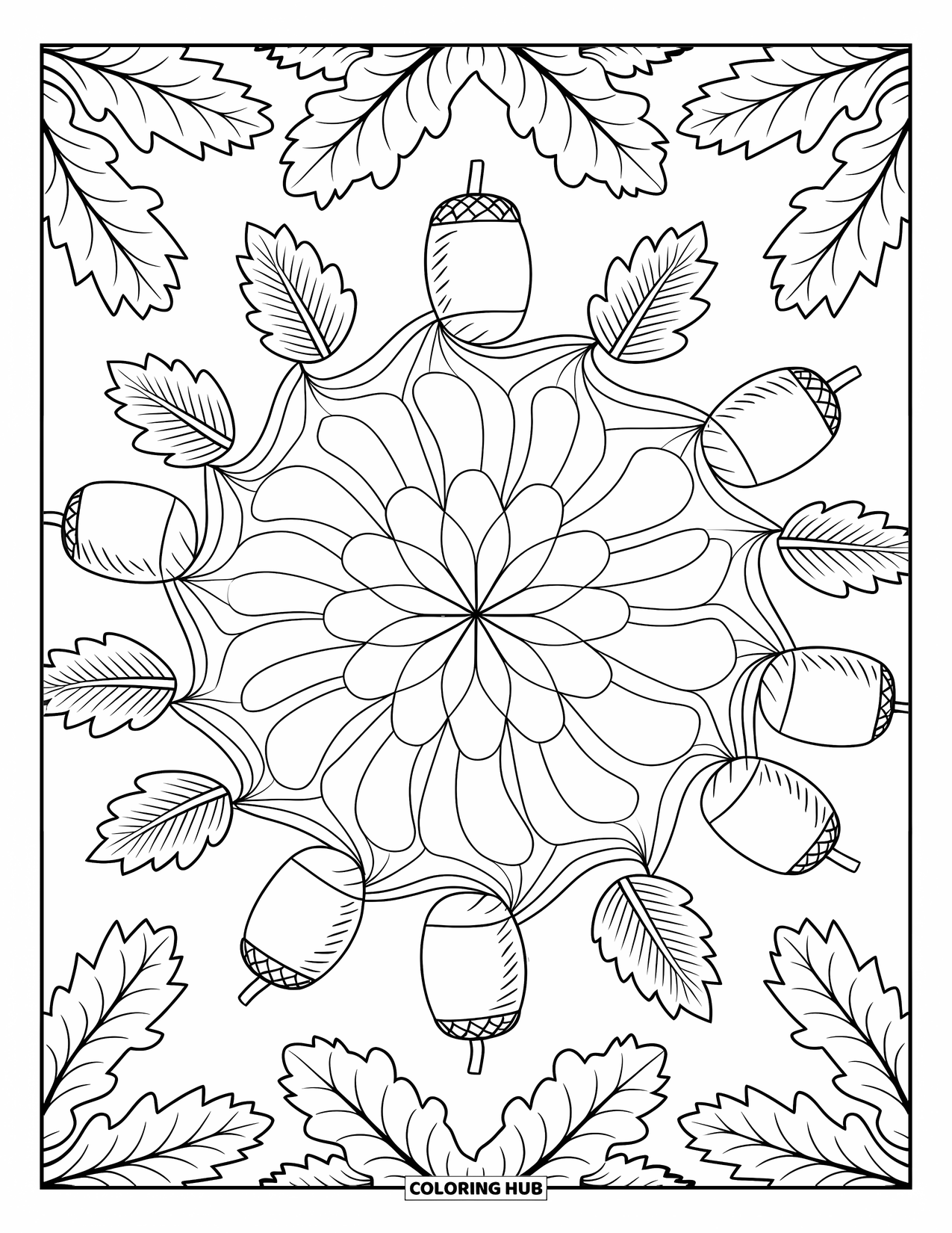 Acorn Coloring Page for Adults: Acorns and oak leaves swirl together in a peaceful, intricate mandala design