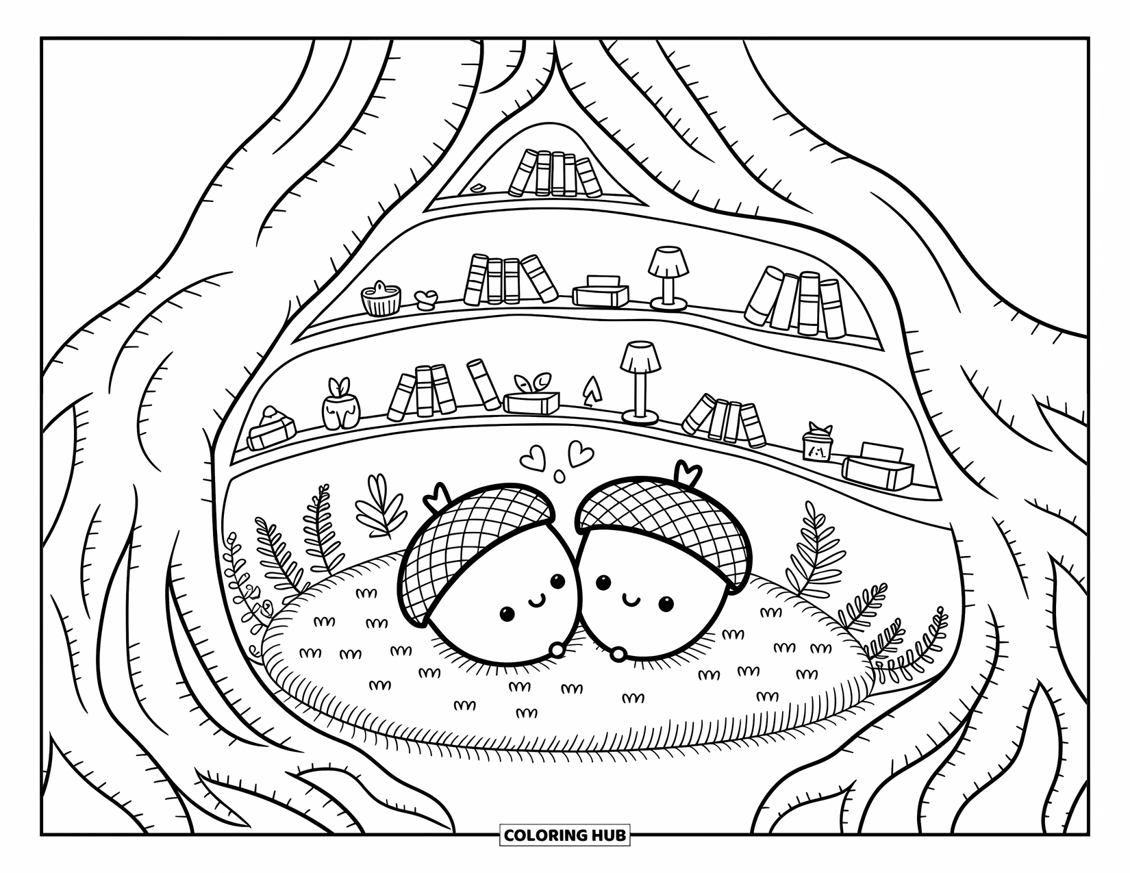 Acorn Coloring Page for Adults: Acorns curl up in a cozy underground nook filled with books, lamps, and leafy treasures