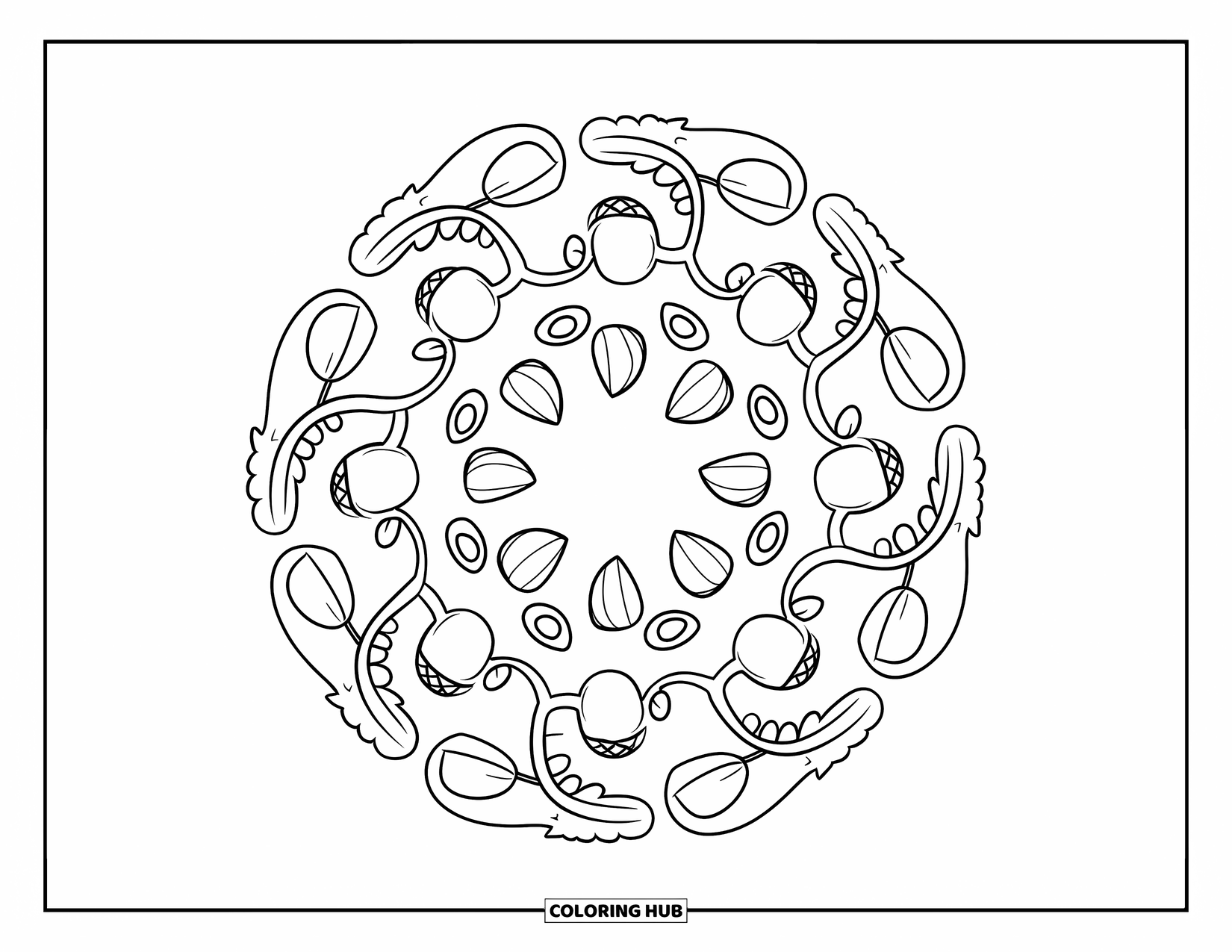 Acorn Coloring Page for Adults: Acorns, leaves, and curls spiral into a peaceful, nature-inspired mandala design