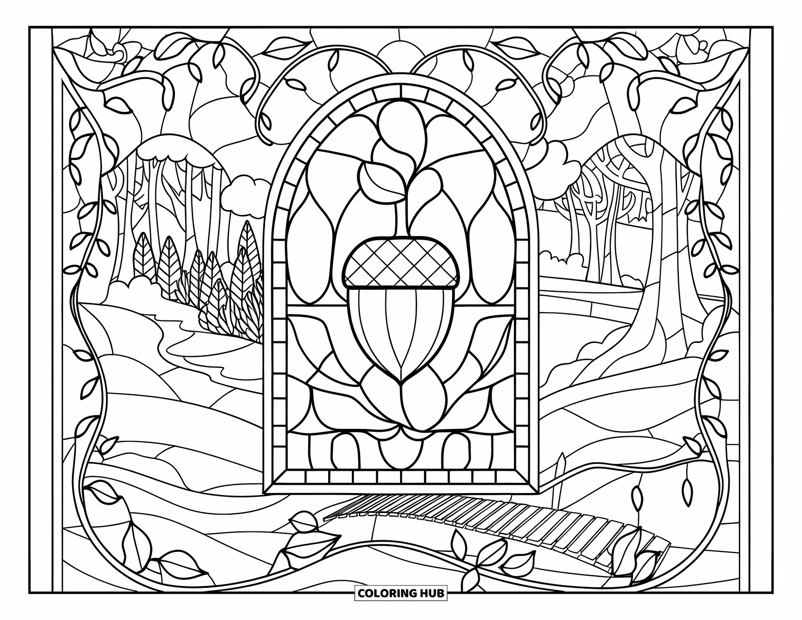 Acorn Coloring Page for Adults: An acorn glows at the center of a stained-glass forest scene with trees and a bridge