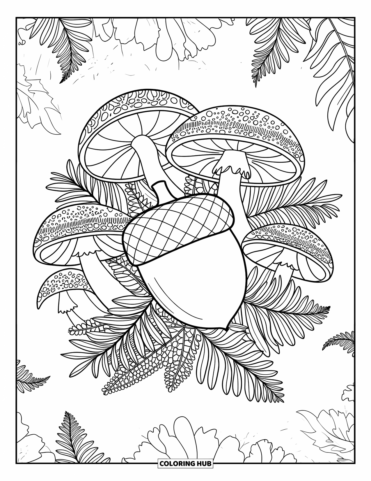 Acorn Coloring Page for Adults: An acorn is nestled among patterned mushrooms and soft, leafy ferns