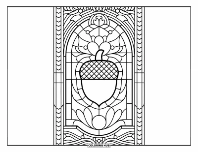 Coloriage de gland pour adultes : Un gland brille au centre de motifs de vitrail tourbillonnants et de bordures feuillues